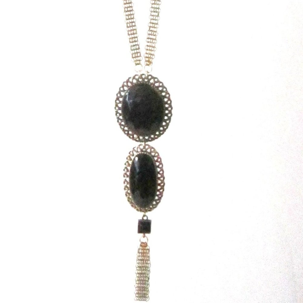 Ferrara Whiting and Davis Antique Brass Ring Mesh and Onyx Necklace